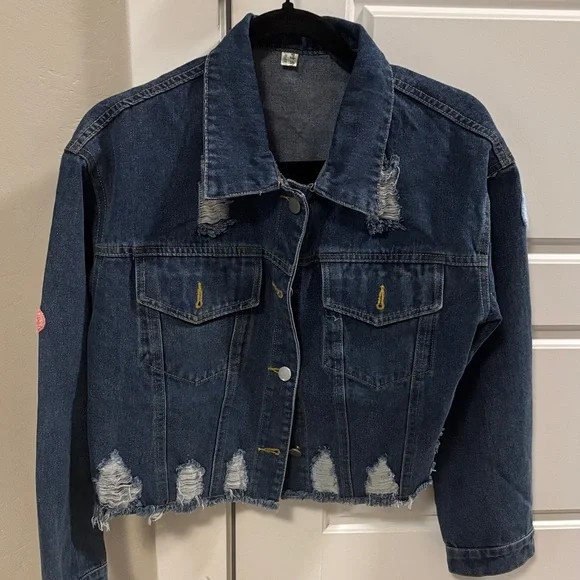 Handmade Embroidered Denim Jacket - Blue with Pastel Puff Text - Picture 3 of 7